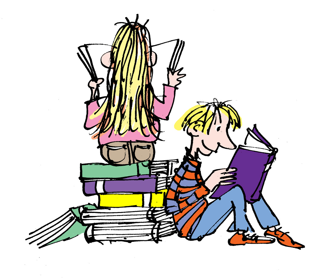 Piirroskuva, jossa kaksi lasta lukee kirjoja kirjapinon päällä ja sen vieressä.